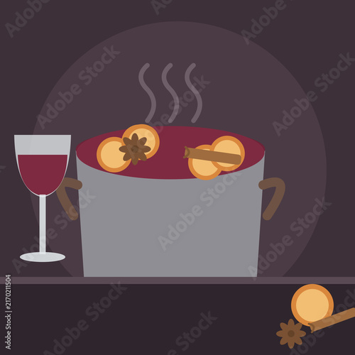 Fotografía Mulled Wine Simmering In A Pan With Spices