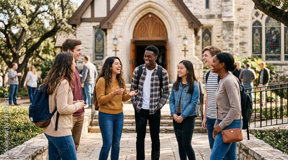 Obraz premium Diverse group of young adults laughing and socializing outside a church building on a sunny day