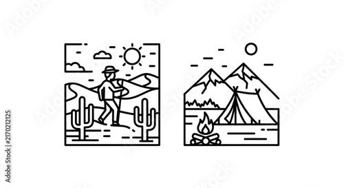 Desert hiking traveler and mountain camping tent outline icons illustration