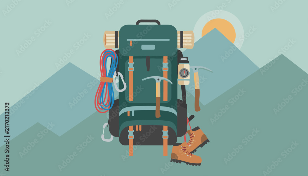 Naklejka premium Large green hiking backpack fully loaded with climbing ropes, ice axes, and boots set against mountains and a rising sun.