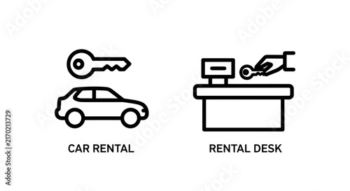 Set of car rental and rental desk service line art icons with automobile