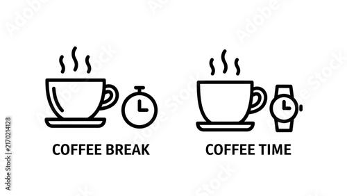 Black and white vector line art icons depicting coffee break and time