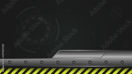 Dark futuristic industrial background with metallic border, safety stripes, HUD gear, and copy space