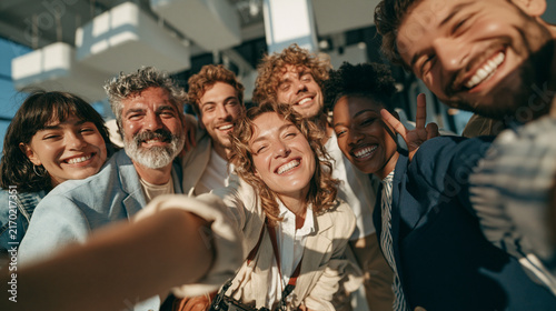 Group Selfie Joy  A vibrant and diverse group of friends captures a joyful selfie  their faces beaming with genuine happiness and connection  embracing a moment of shared laughter and camaraderie.