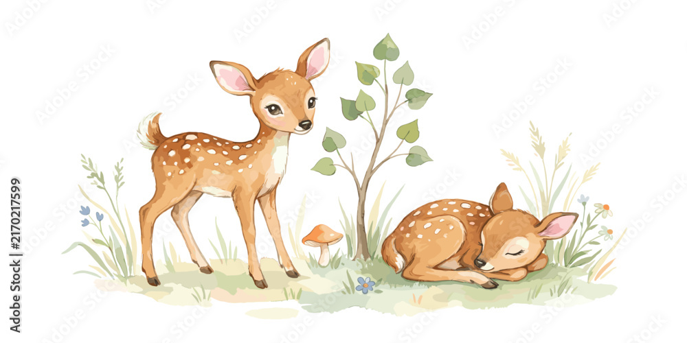 Obraz premium Woodland Nursery Seamless Pattern with Deer and Forest Animals