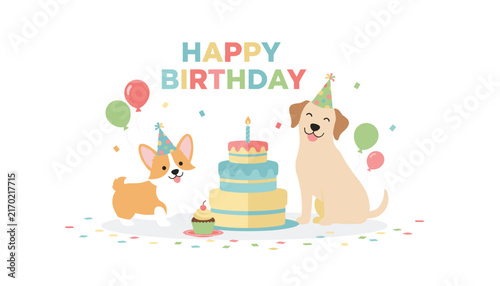 Two cute domestic dogs wearing colorful party hats celebrate a happy birthday with a large layered cake and a cupcake.