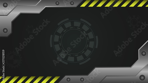 Dark futuristic industrial background with metallic corner frames, hazard stripes, and HUD gear