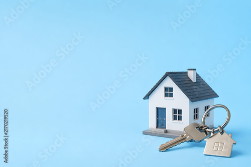 Miniature house model and house key on a sky-blue background. Symbolizing real estate, property for sale, mortgage, buying a new home
