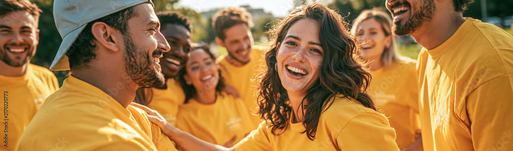 Fototapeta premium Yellow Team Spirit: A vibrant group of diverse individuals united by their yellow attire shares a moment of pure joy and camaraderie, their laughter echoing under the clear sky.