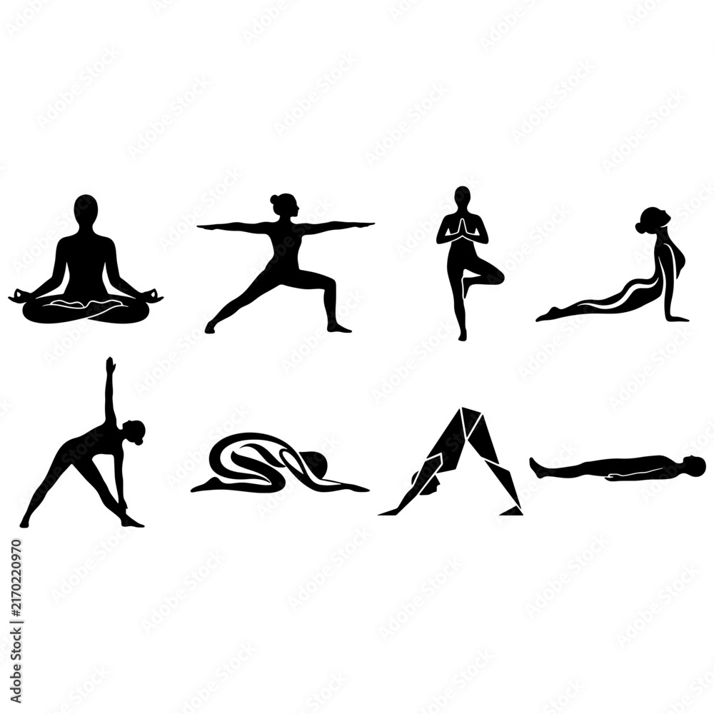 Obraz premium Set of black yoga poses silhouettes showing different body positions for fitness training
