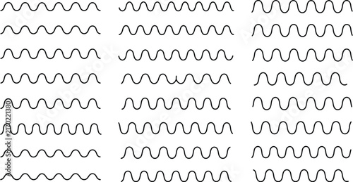 Wavy line variations collection with abstract wave patterns, flowing curves, minimalist strokes and modern decorative elements
