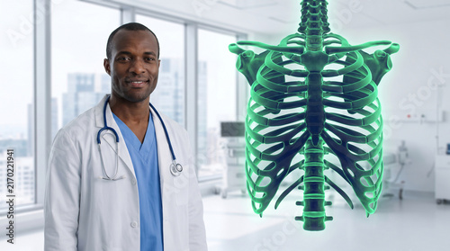 Smiling Black male medical doctor standing in hospital clinic next to three dimensional green hologram of human skeletal rib cage anatomy