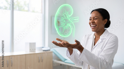 Smiling female urologist gesturing toward glowing green holographic kidney projection in modern medical clinic office with copy space