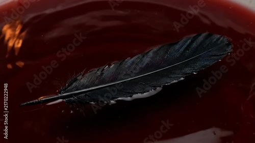 Gothic 4K Seamless Loop Black Raven Feather Floating in Dark Red Blood Liquid with Ripples and Eerie Orange Reflections