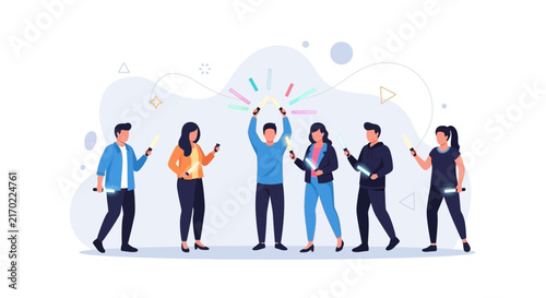 Diverse group of people holding illuminated glow sticks, celebrating and cheering in a modern flat illustration style.