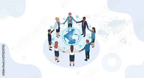 Diverse group of people holding hands around a glowing globe, symbolizing global unity, teamwork, and international business.