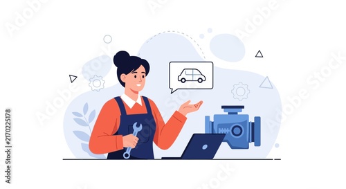 Female Mechanic with Wrench and Laptop Inspecting Car Engine, Vector Illustration