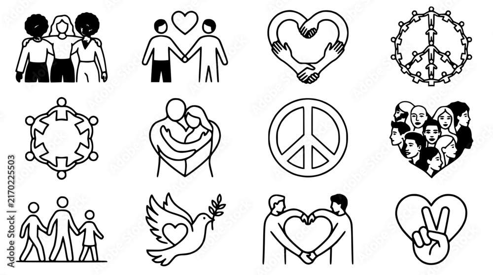 Fototapeta premium Diverse Group of People Icons: Unity, Love, Peace, Community, Friendship Symbols