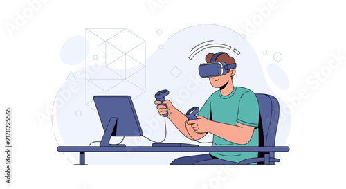 Man Immersed in Virtual Reality, Engaging with Technology and Futuristic Experiences