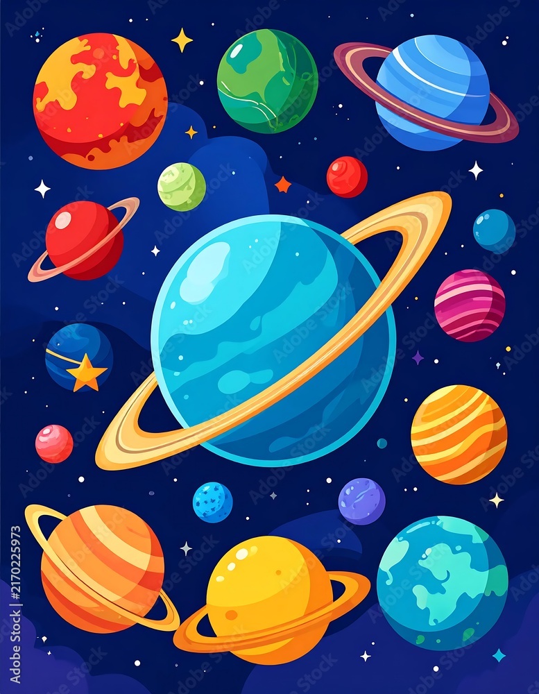 Naklejka premium Colorful planets and stars in a cosmic space scene.