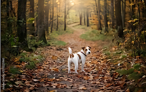 Pet dog looking back on sunlit autumn forest path copy space for pet travel blog and outdoor hiking gear