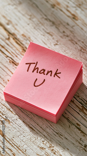 Pink Sticky Note with Thank You: A bright pink sticky note rests on a distressed wooden surface, bearing the handwritten message Thank You with a smiley face, conveying gratitude and appreciation.