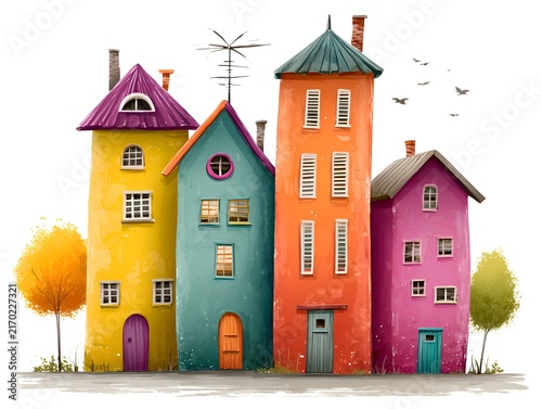 Whimsical colorful houses with cartoonish style and birds flying in the sky