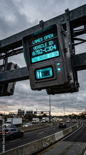 Automated Toll System Gantry Displaying Traffic Information Above Busy Highway At Dusk 1