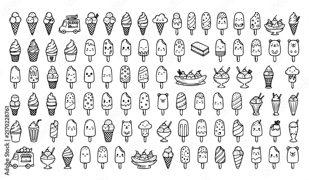 Fototapeta premium Cute Ice Cream Doodle Hand Drawn Icon Set