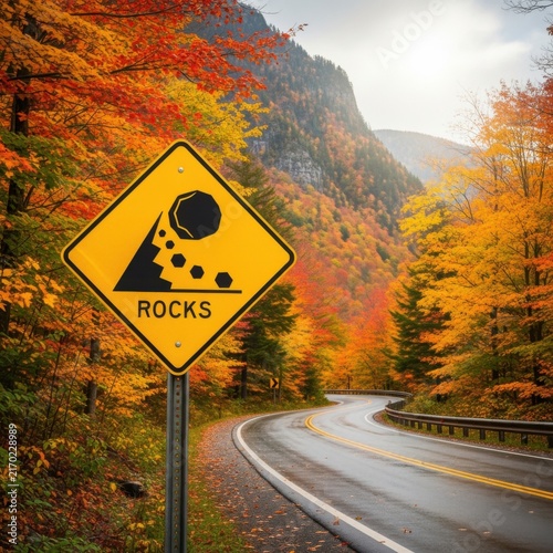 Autumn Roadside Rockfall Warning Sign Scenic Mountain Drive