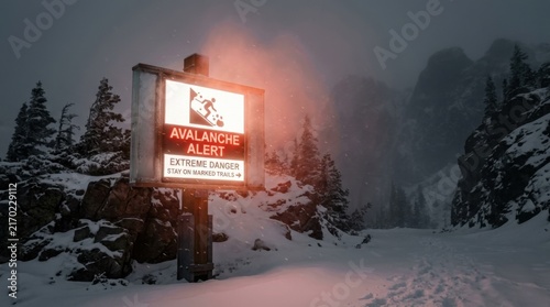 Avalanche Alert Extreme Danger Sign In Snowy Mountain Landscape