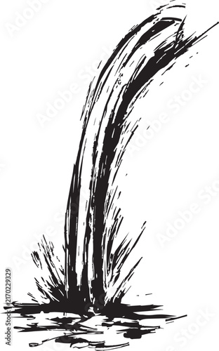 細く流れ落ちる滝と水しぶきの和風水墨画イラスト