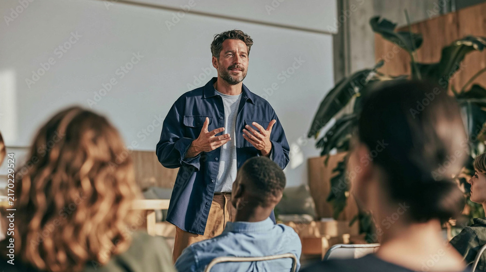 Obraz premium Presentation Powerhouse: A charismatic male speaker captivates his audience, gesturing expressively as he delivers an engaging presentation in a modern, sunlit conference room.