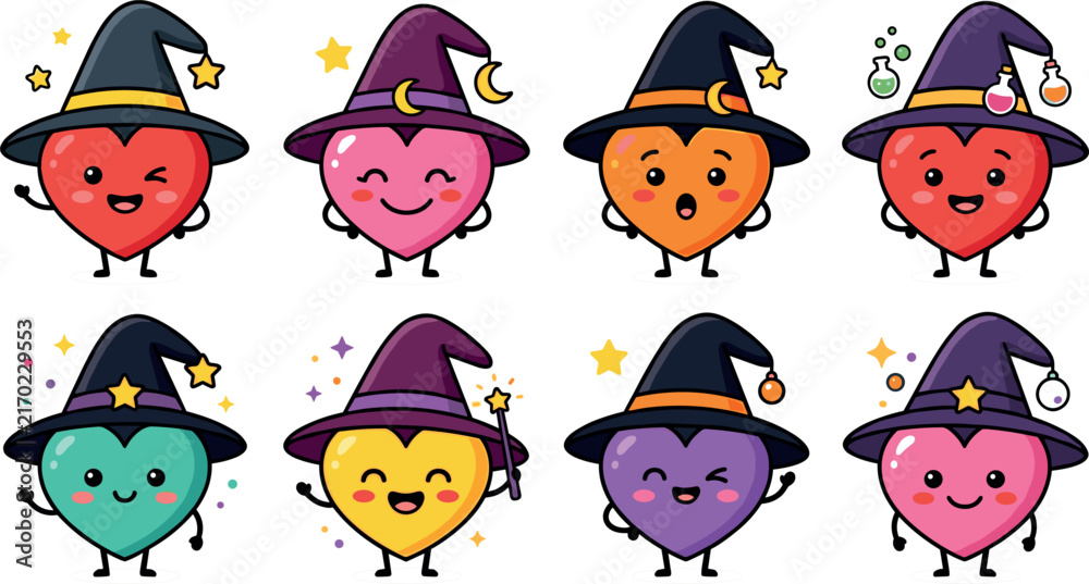 Obraz premium Cute Halloween Heart Witch Character Set Featuring Colorful Hearts Wearing Witch Hats Magic Wands Pions and Sparkles Vector Illustration