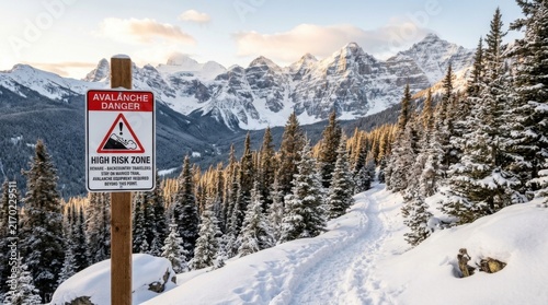 Avalanche Danger High Risk Zone Sign in Snowy Mountain Landscape