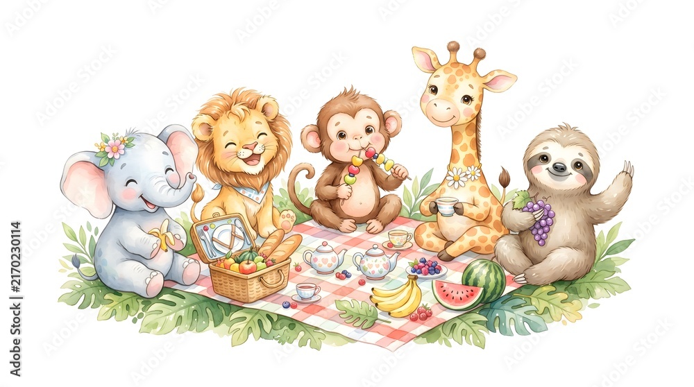 Obraz premium A charming watercolor illustration featuring a lion and animal friends sitting together, expressing friendship and joy.