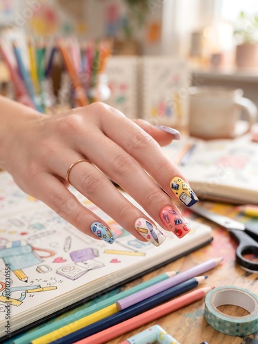 Hand showcasing artistic kite themed nail art design with colorful patterns on a desk with pencils and sketching supplies