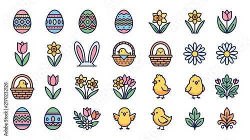 Easter Icons Collection: Eggs, Chicks, Flowers, and Bunnies