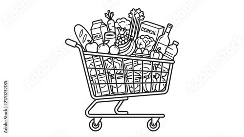Grocery Shopping Cart Full of Food Items