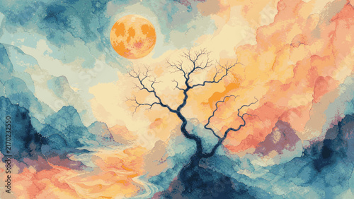 Bild auf Leinwand Graceful Tree under Moonlight isolated watercolor vector illustration svg