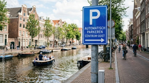 Amsterdam Canal Scene With Cyclists And Parking Sign Vibrant Cityscape