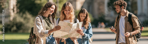 Friends Navigating: A group of young friends, backpacks on, study a map with eager faces, ready to explore new horizons on a sunny day.