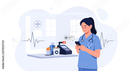 Nurse using smartphone in medical clinic with EKG and medical supplies