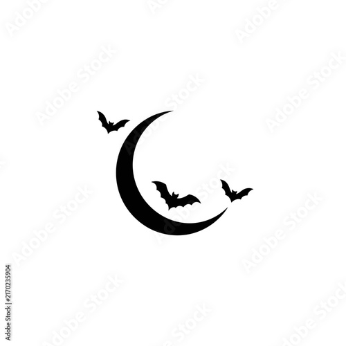 Halloween Bat Silhouettes Flying Around Crescent Moon. Spooky Night Icon, Black Monster Graphic Element, Horror Symbol for Vampires and Dark Themes isolated on White Background Halloween