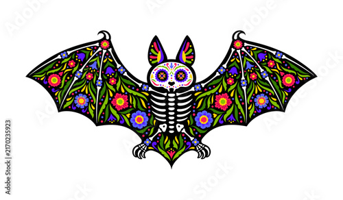 Mexican bat animal skeleton, day of the dead tattoo sugar skull. Cartoon flittermouse skeleton with outspread wings and alebrije traditional floral patterns, symbol of night, remembrance and Halloween