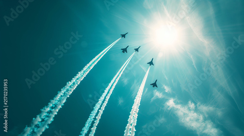Military Fighter Jets Flying in Formation With Vapor Trails Against Bright Sky