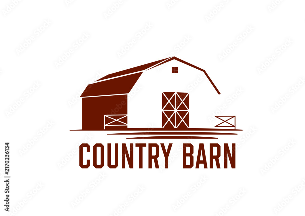 Fototapeta premium Rustic country farm barn and ranch warehouse icon for farmhouse or farmer agriculture. Farmland house building of barn for farm market emblem or cattle farm ranch for agronomy or countryside badge