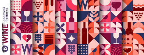Wine, winemaking and winery geometric seamless patterns. Modern abstract seamless pattern set featuring bottles, glasses, grape clusters and floral motifs in purple and peach tones for textile prints