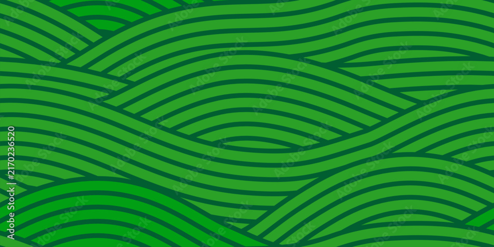 Fototapeta premium Agriculture farm field wavy seamless pattern with green farmland background. Farm wavy pattern of plantation or grass on meadow and rice hills for farming landscape or plants in line wave bg