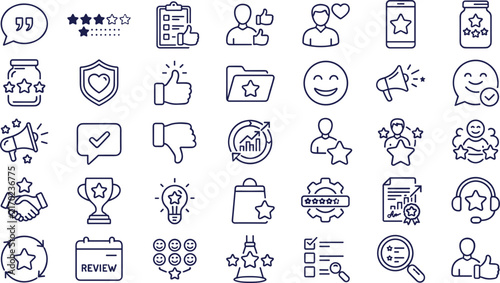 Customer Review and Business Evaluation Line Icon Set Featuring Rating Stars Testimonials Trophy Handshake and Marketing Feedback Symbols for E-Commerce Platforms